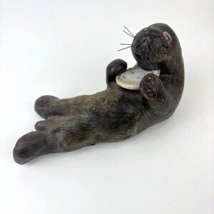 Hand-Carved Wax Sea Otter Holdinv Shell Playful 7” Long Rustic Decor